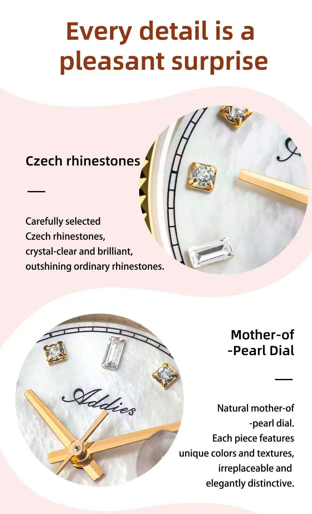 ADDIES women's luxury watch with pearl dial and Czech rhinestones, gold-tone hands, brand logo