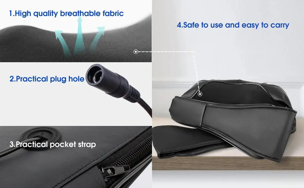 Shiatsu neck and shoulder massager by Simples Market, U-shaped heated pillow in black with breathable fabric and strap.