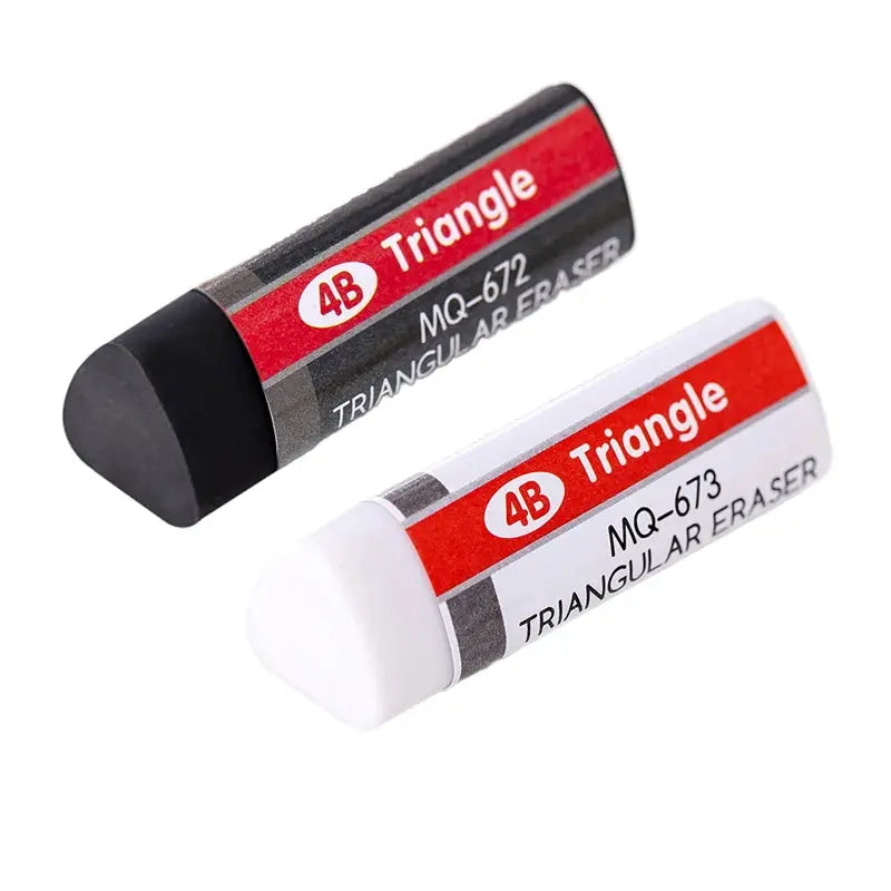 Two 4B Triangle erasers in black and white with red labels