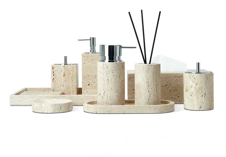 Beige travertine 6-piece bathroom set by Simples Market; includes soap dispenser, soap dish, reed diffuser, vanity tray.