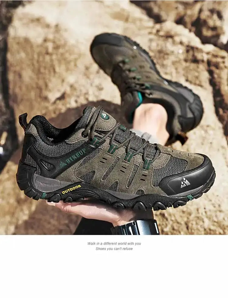 HIKEUP men's hiking shoes, olive-green suede leather outdoor trekking sneakers with rugged black outsole