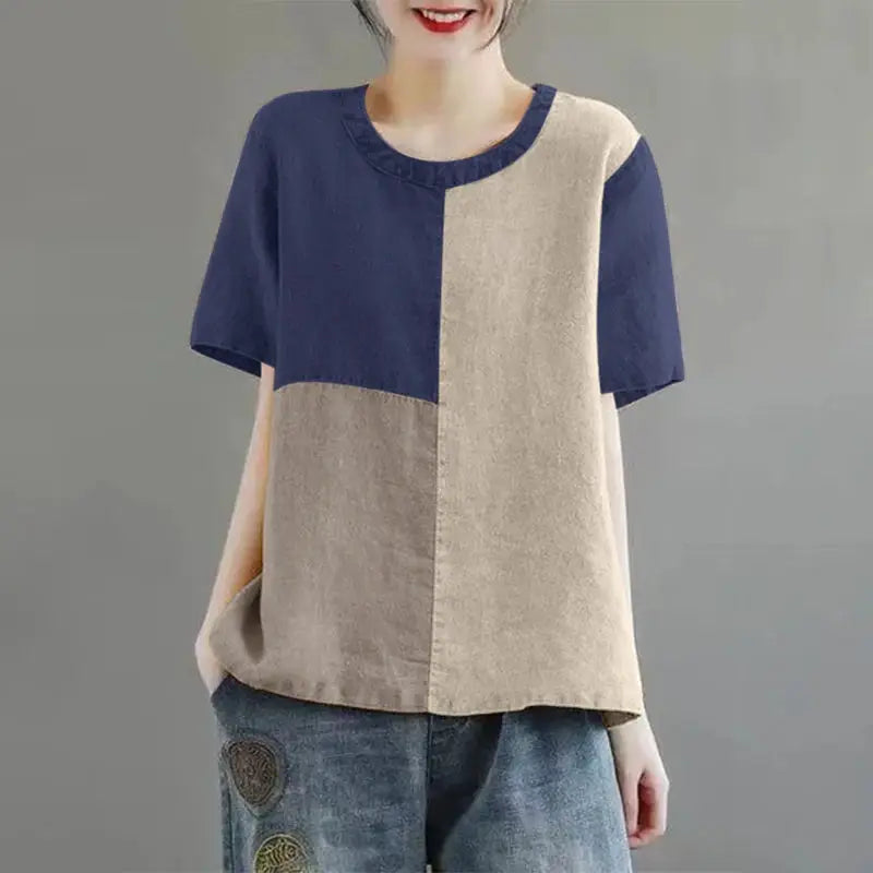 ZANZEA Women Patchwork Blouse Cotton Linen Short Sleeve Round Neck Top