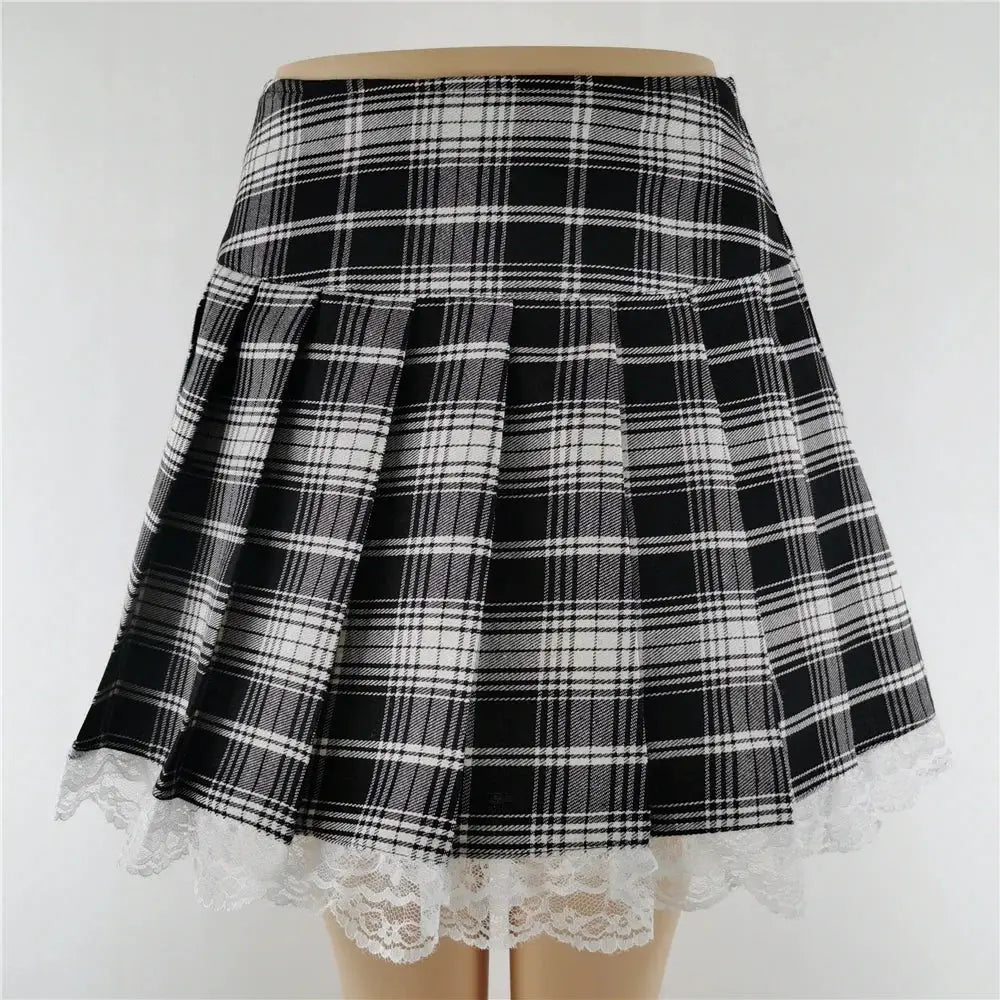 Plaid black-and-white high-waist skirt with lace hem, mini length