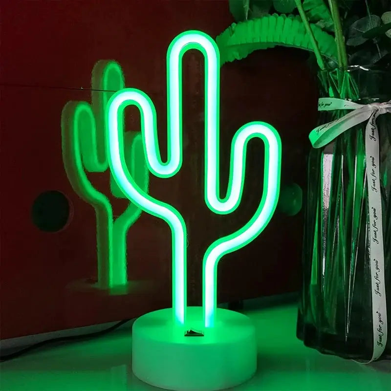 Cute cactus neon sign lamp, green LED, two cacti visible in scene, battery & USB powered by Simples Market