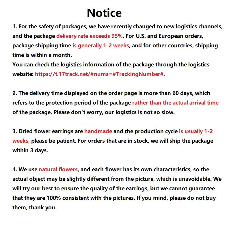 Notice page detailing shipping logistics and production timelines for orders.