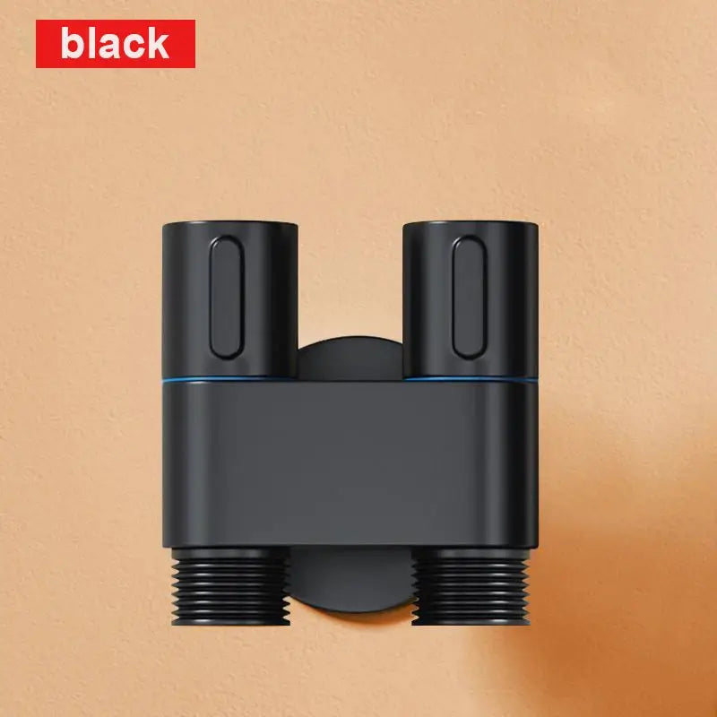 Black double-outlet wall-mounted angle valve for bidet shower with twin outlets and mounting base