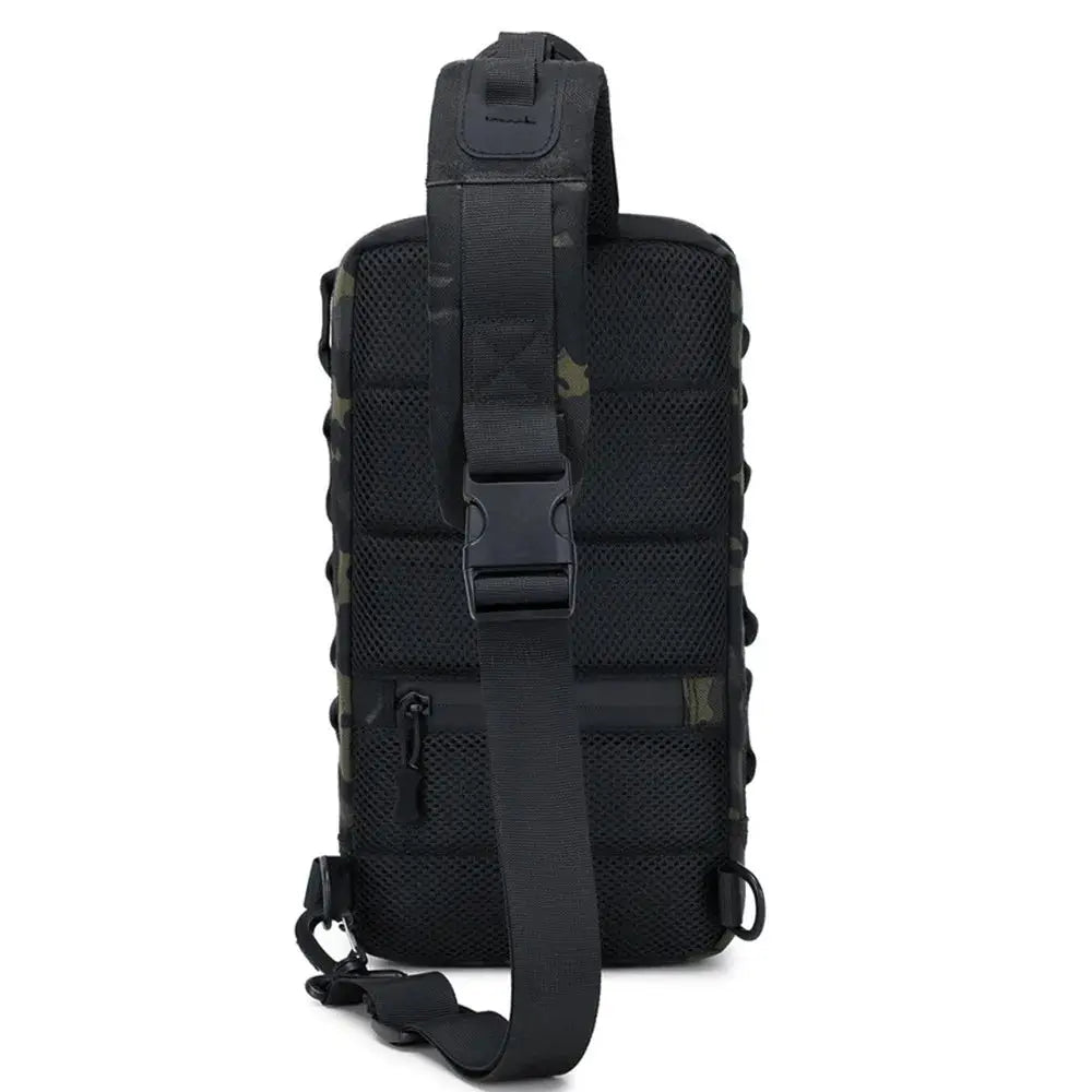Outdoor tactical sling backpack by Simples Market in black with padded mesh back and chest strap