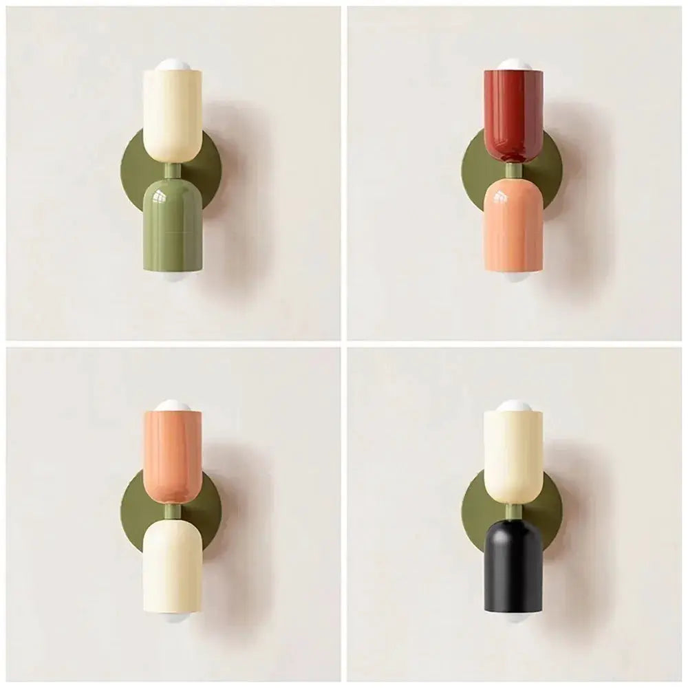 Simples Market Nordic LED wall lamp dual-head minimalist fixture, shown in four colorways on an olive round backplate.