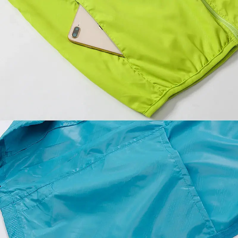 JNLN Unisex Hiking Jacket; two jackets in neon lime green and blue, waterproof windbreaker for outdoor trekking