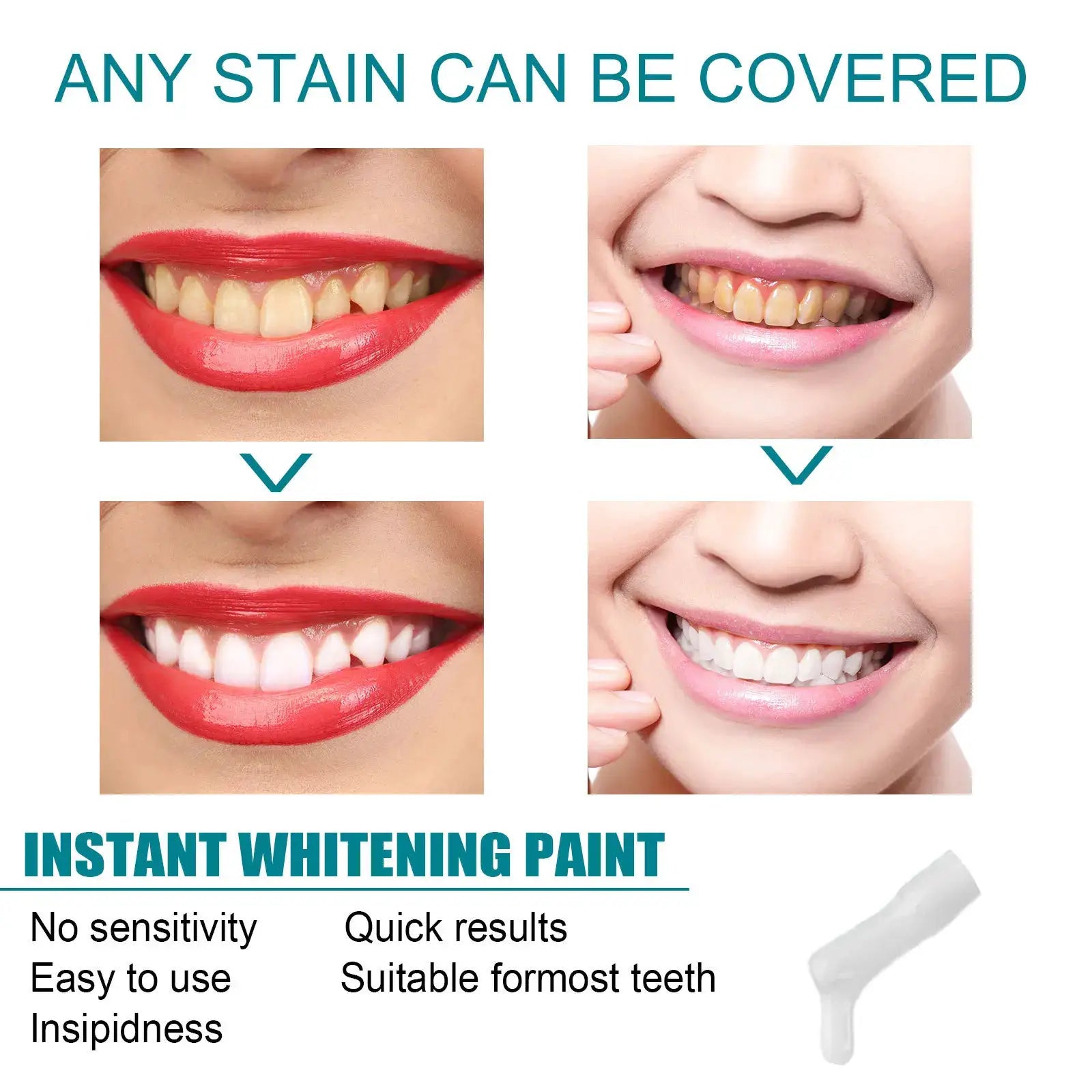 Simples Market Teeth White Paint; instant whitening for teeth with 4-image before/after set showing stain removal.