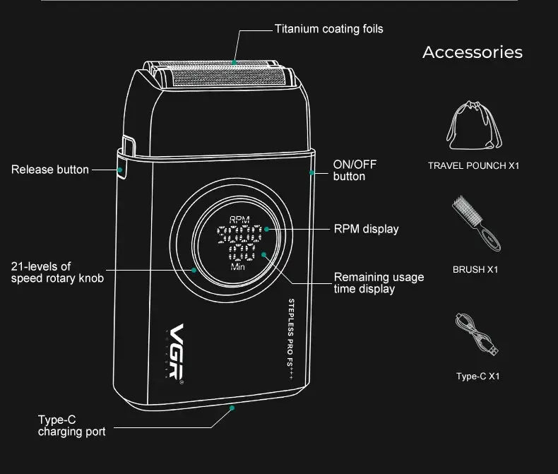 VGR alloy shaver with LED display, 9000 RPM, three blades; includes travel pouch, brush, Type-C cable.