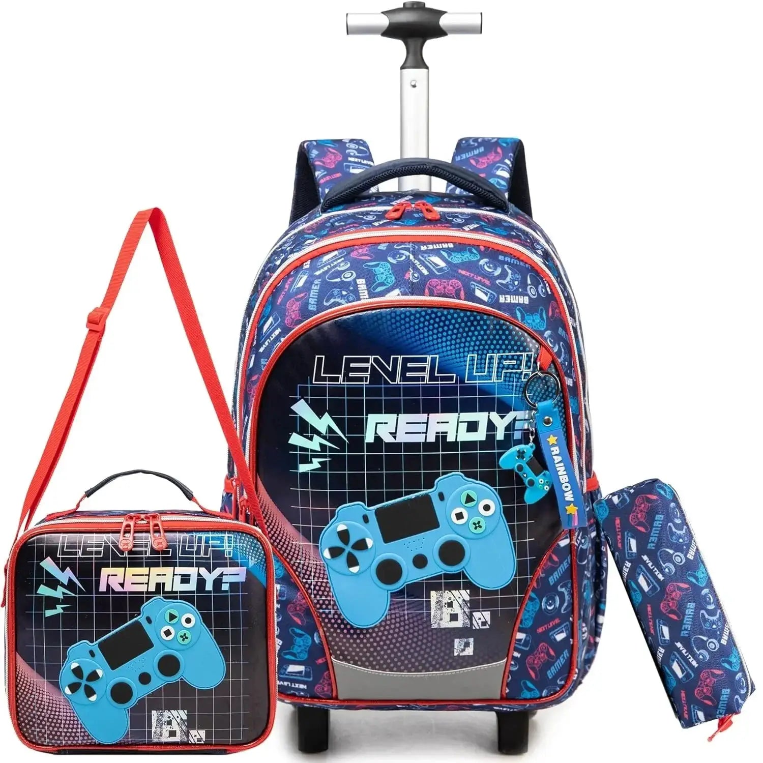 Children's wheeled backpack set with lunch bag; blue-red gaming design rolling backpack and lunch box by Simples Market