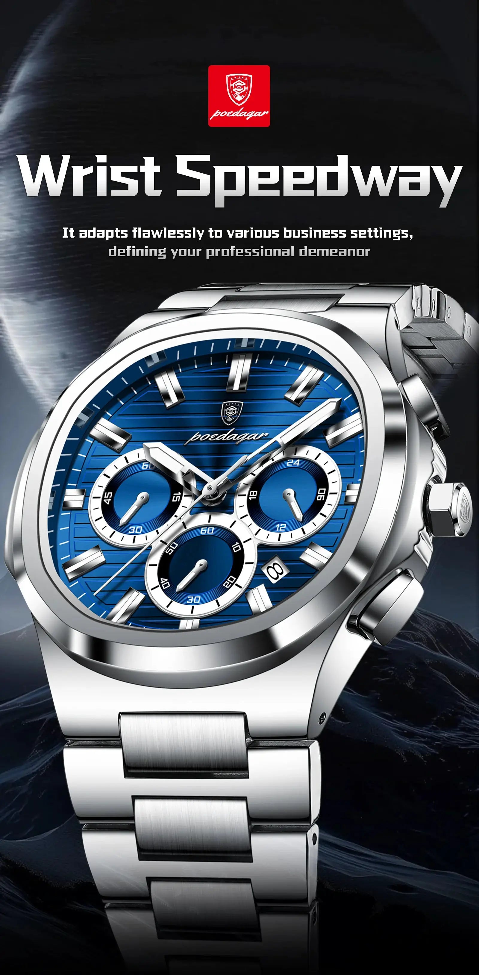 POEDAGAR men’s stainless steel wristwatch with blue dial, chronograph subdials, date window, luminous hands