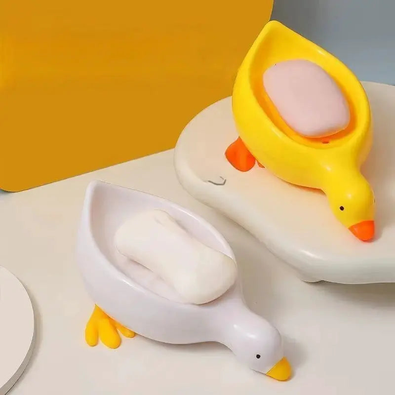 Duck-shaped soap tray self-draining rack; two yellow and white ducks, Simples Market