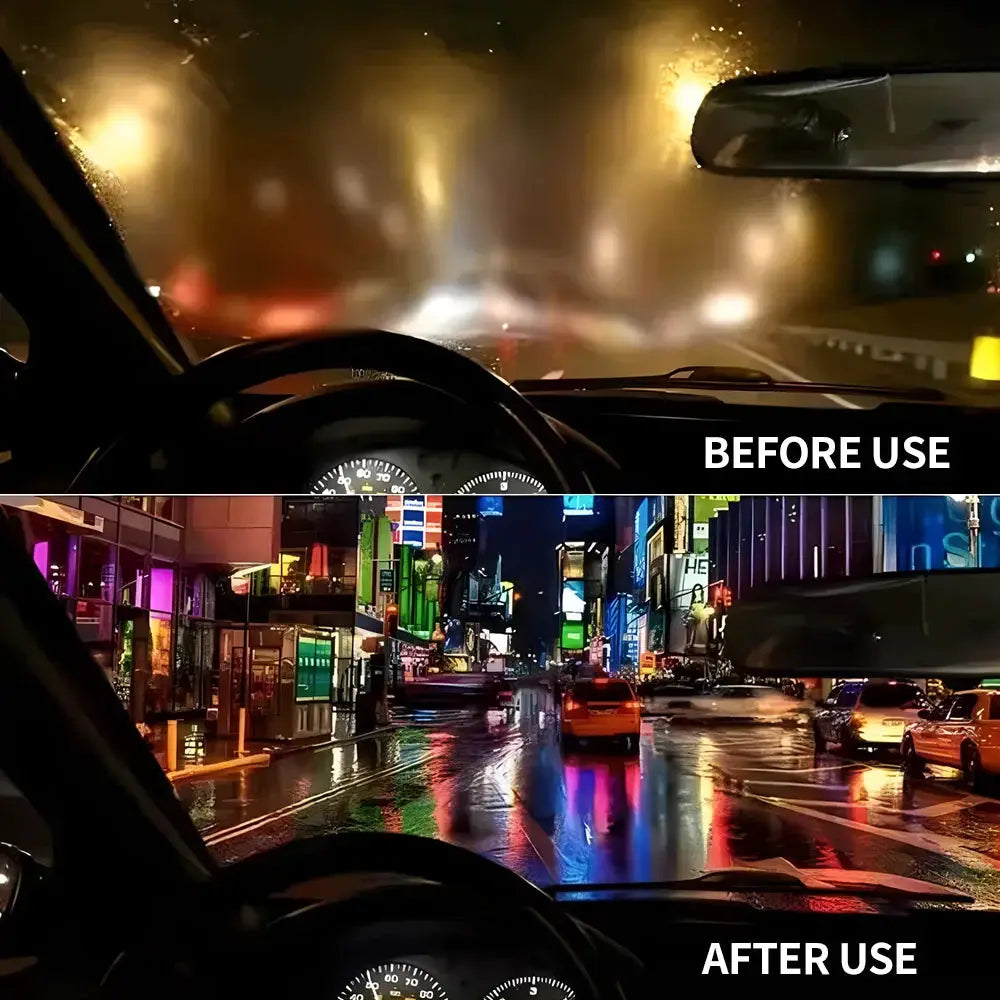 Car glass cleaning brush by Simples Market; before and after use on rainy windshield and rearview mirror