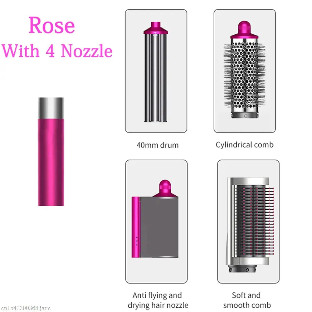 SenCiciMen X9 Rose multi hair styler with 4 attachments: 40mm drum, cylindrical comb, anti-flying nozzle, soft comb.