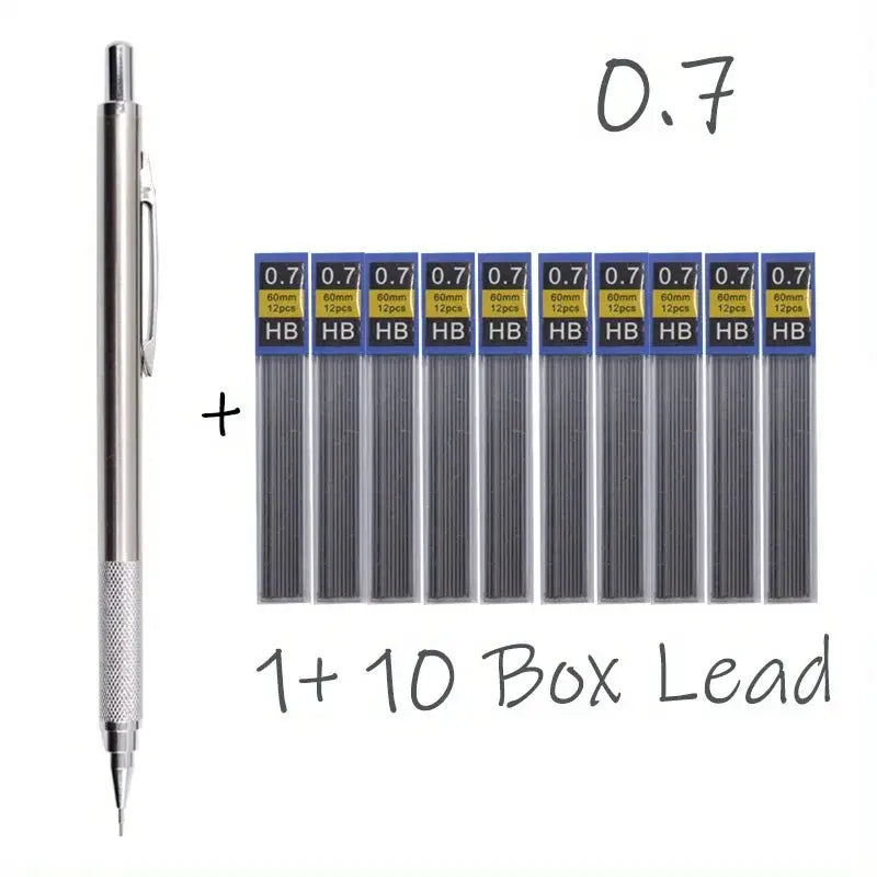Simples Market all-metal mechanical pencil plus 10 boxes of 0.7 HB lead refills.