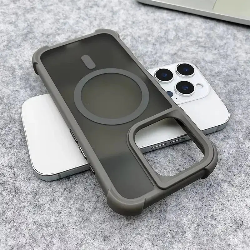 Magnetic Luxury Matte Armor Shockproof Case for iPhone; dark gray, MagSafe compatible (2 iPhones shown)