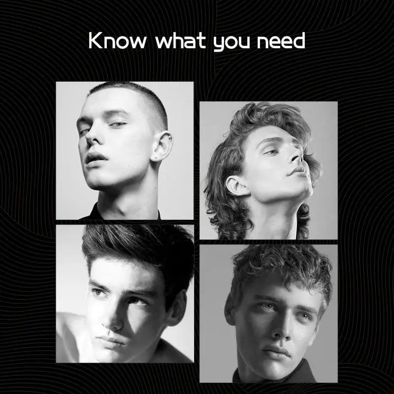 Collage of four black-and-white male headshots on a dark patterned background.