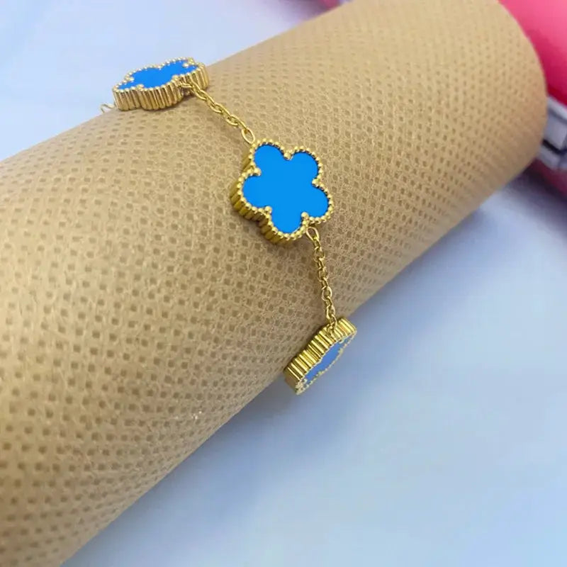 Adjustable Stainless Steel Bracelet Double Sided Five Leaf Clover Petals Gold Plated Women Fashion Jewelry