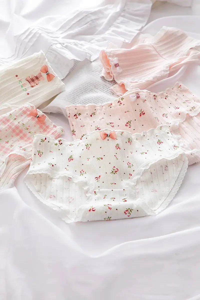 Panties 5-piece cotton set; pastel floral mid-waist briefs with lace trim and bow accents
