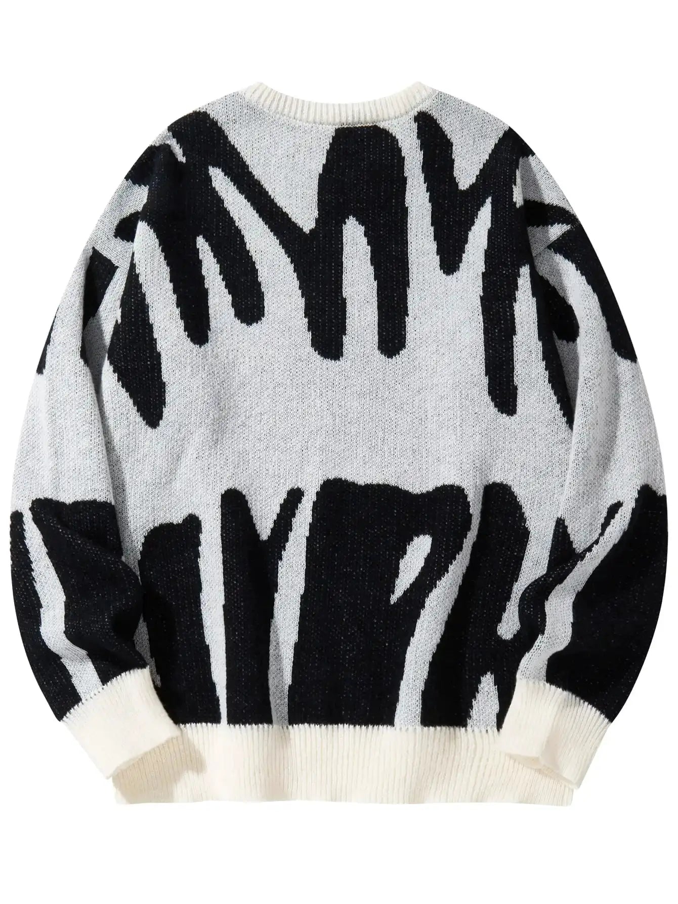 Men's pullover sweater with black irregular jacquard pattern on white knit; round neck, cream ribbed cuffs.