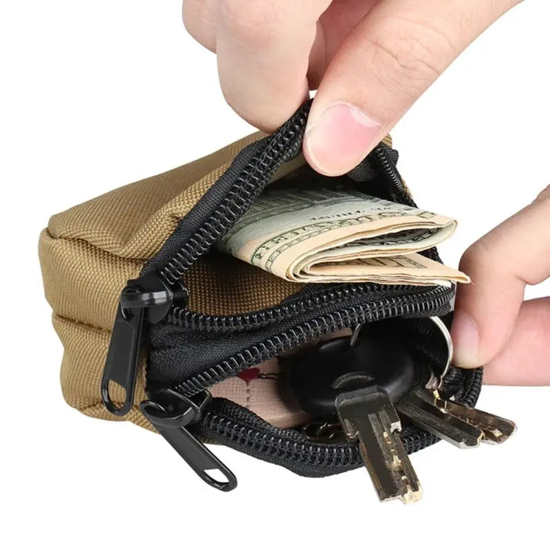 Simples Market nylon double-zipper tactical coin purse in tan with cash and keys in a small belt pouch
