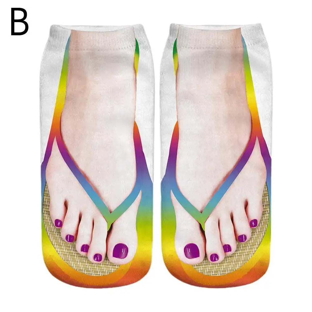 Women 3D Printed Pattern Flip Flop Socks Low Cut Ankle Socks Novelty Hosiery Gift Pair