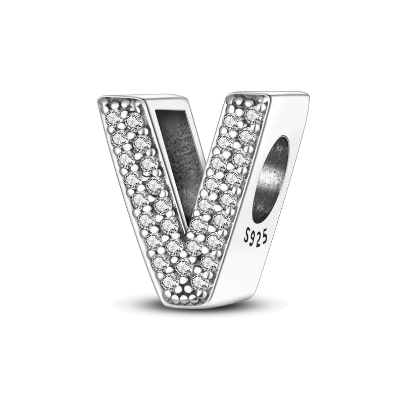 V-shaped 925 sterling silver charm encrusted with cubic zirconia stones for bracelet Simples Market