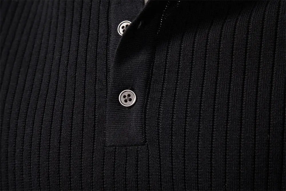 AIOPESON ribbed polo shirt, black long-sleeve with button placket