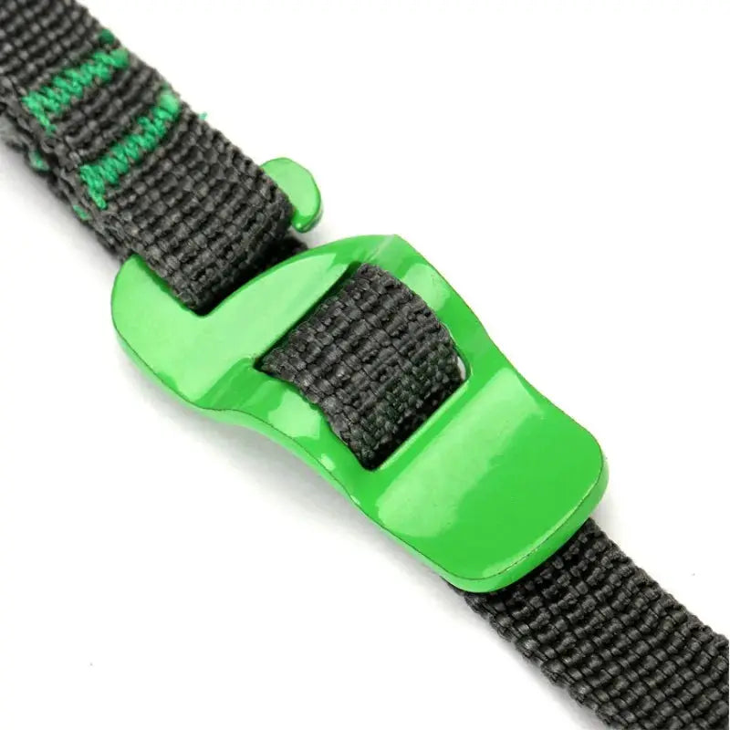 Luggage strap with quick-release green plastic buckle and black nylon webbing