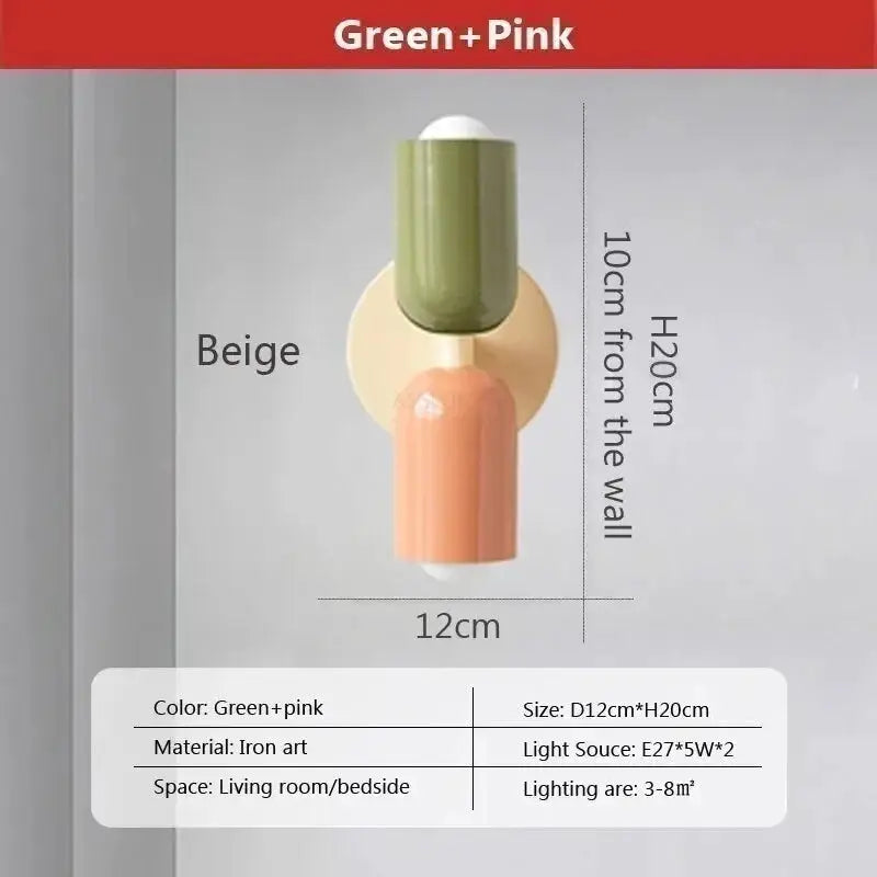 Nordic LED wall lamps by Simples Market, green+pink double-headed iron fixtures for living room/bedside