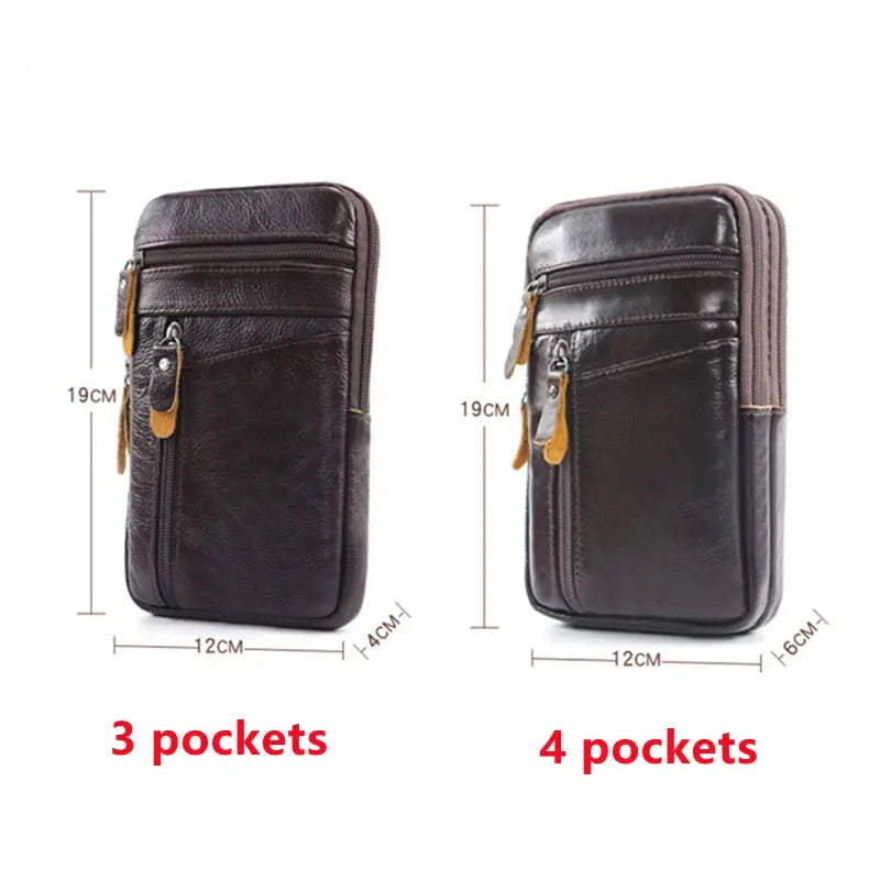 Two brown genuine leather waist packs for men, 3-pocket and 4-pocket styles, compact crossbody belt bags