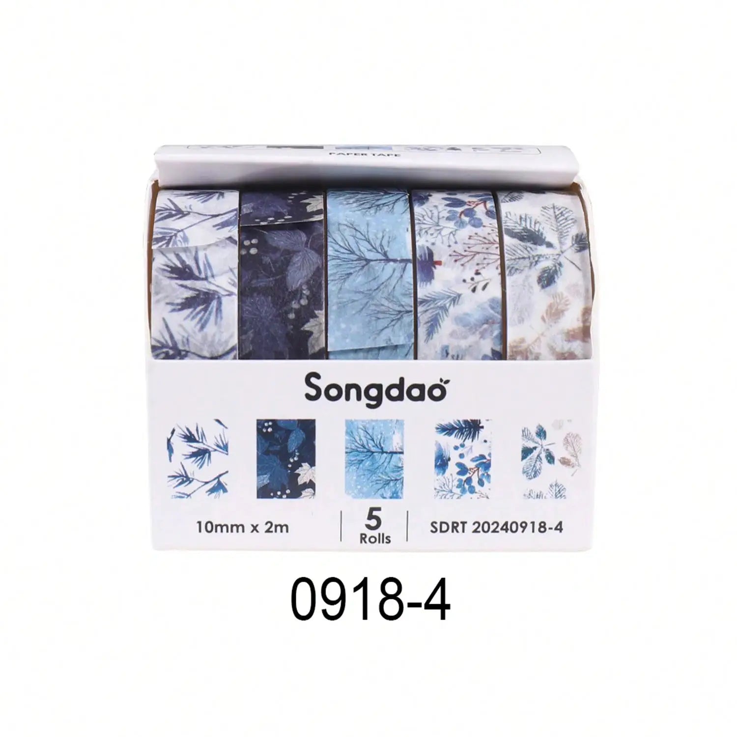 Washi tape set: 5 blue floral rolls in a box, Songdao brand, decorative student craft tape 10mm x 2m.