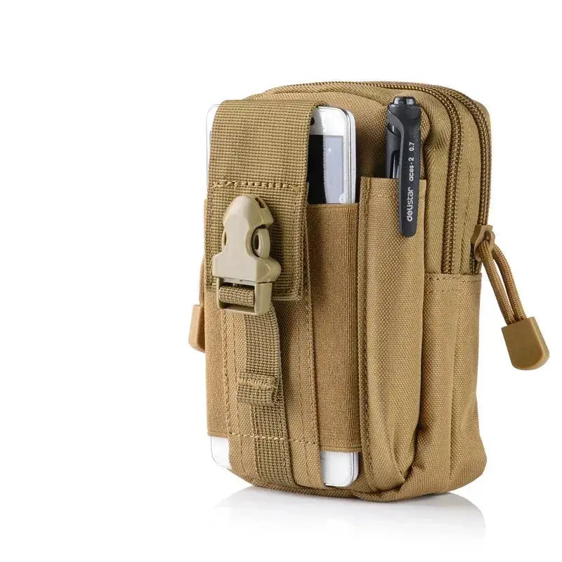 Tactical leg bag by Simples Market in tan with front phone pocket, pen slot, and adjustable clip strap.