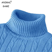 Men's blue turtleneck cable-knit sweater, heavyweight outdoor pullover