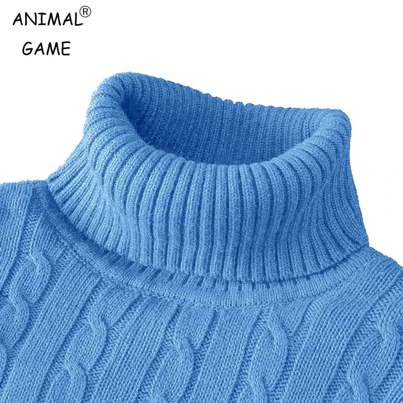 Men's blue turtleneck cable-knit sweater, heavyweight outdoor pullover
