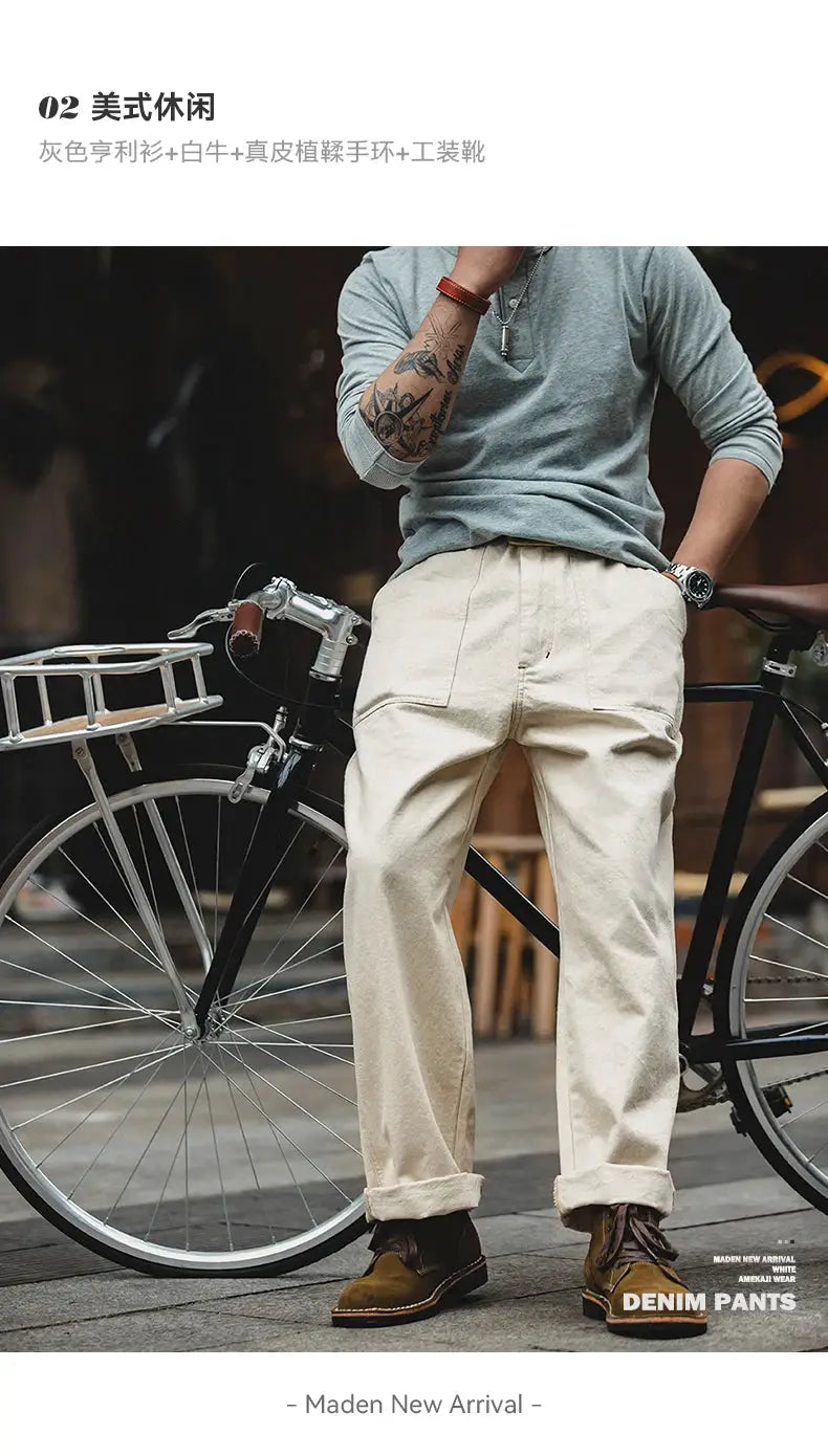 Maden Vintage white cottonseed hull jeans, casual loose-fit straight trousers for men