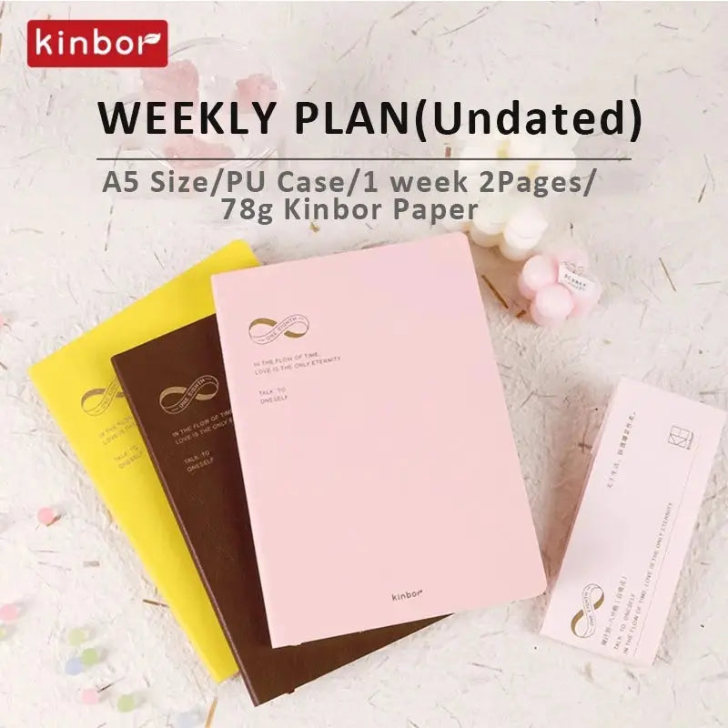 Kinbor weekly planner notebook set with pink, brown, and yellow PU covers, A5 undated pages