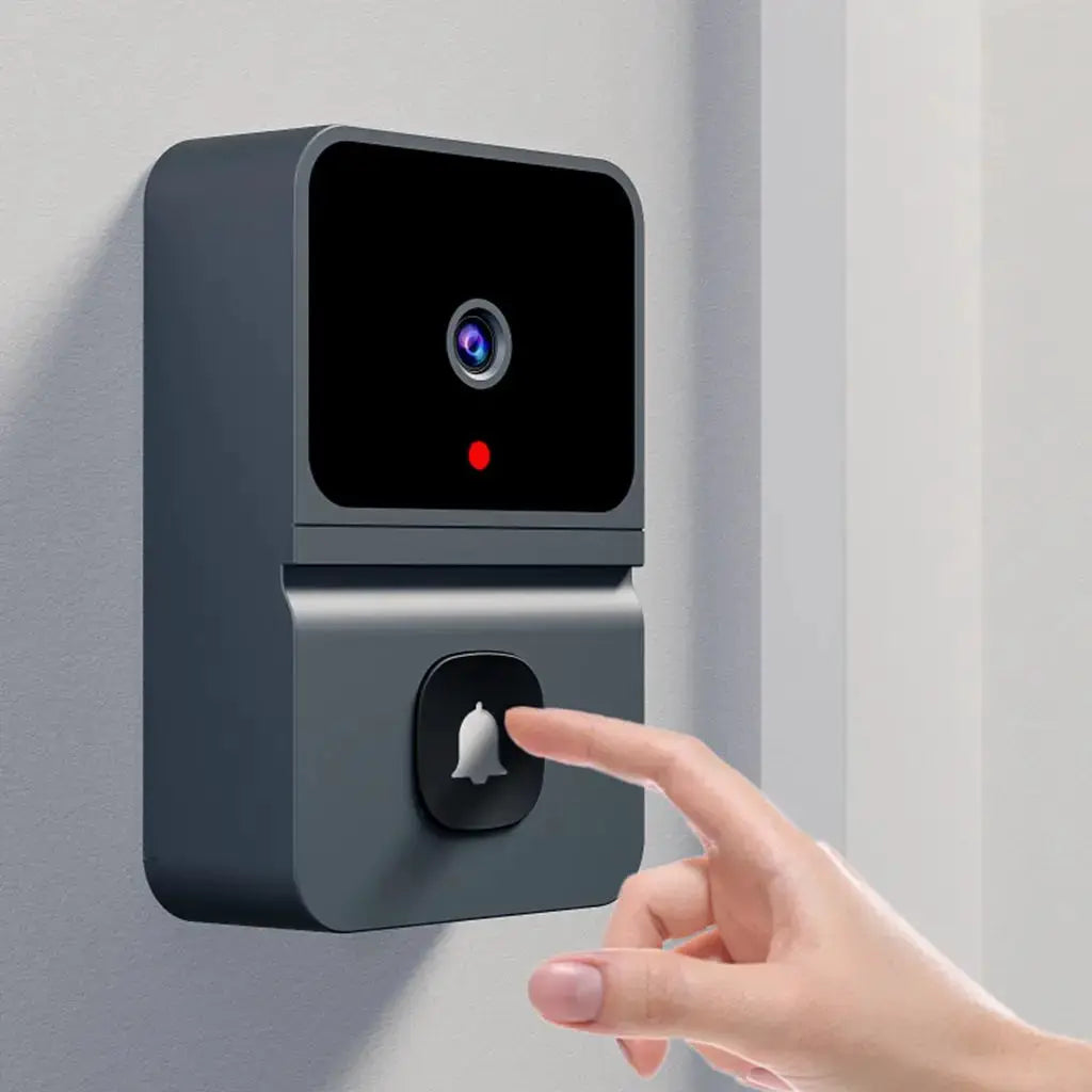 Simples Market wireless outdoor doorbell with HD camera, dark gray finish and bell button.