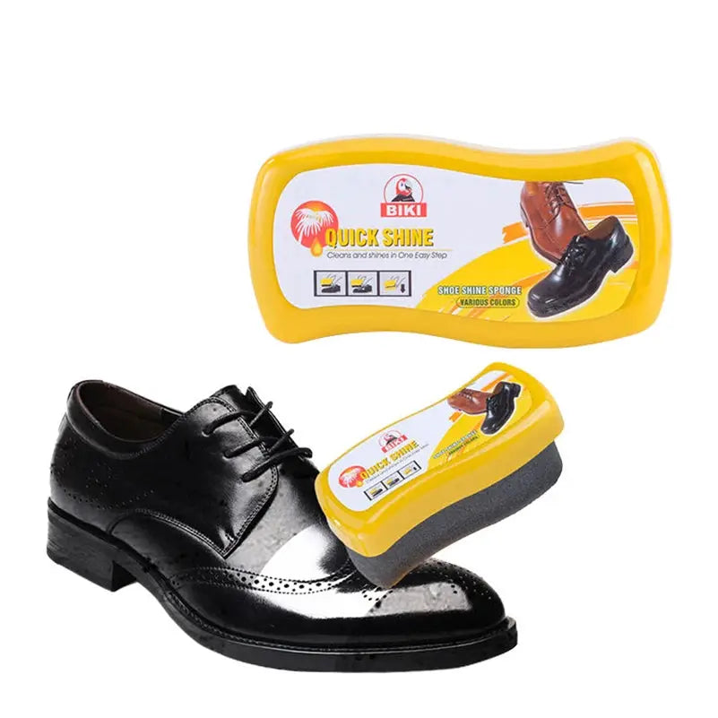 BIKI Quick Shine shoe shine sponge kit in a yellow case with a black leather dress shoe