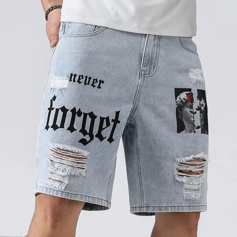 Men's denim shorts by Simples Market, light-blue distressed denim with ripped knees and bold gothic forget print.