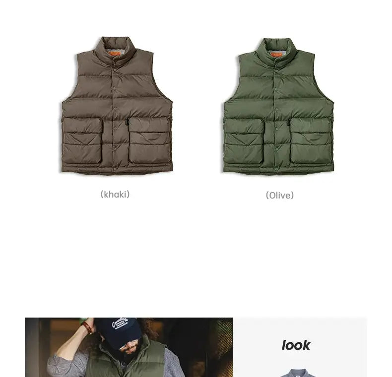 Maden men's down vest by Simples Market; two colors khaki and olive, duck-down filling, stand-up collar, large double front pockets