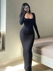 LuxeLine Womens Solid Long Sleeve Bodycon Dress With Square Neckline Ankle Length Silhouette And Stretch Fabric