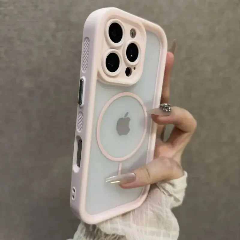 Simples Market 2-in-1 skin-feel MagSafe iPhone case, pink bumper with clear back and circular MagSafe ring