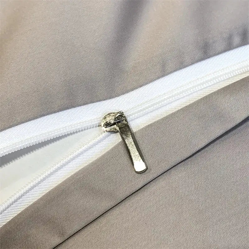 Simples Market eucalyptus Lyocell duvet cover set zipper closeup on taupe bedding fabric