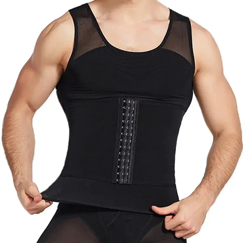 Men's black Simples Market body shaper compression vest with mesh shoulders and front hook waist trainer.