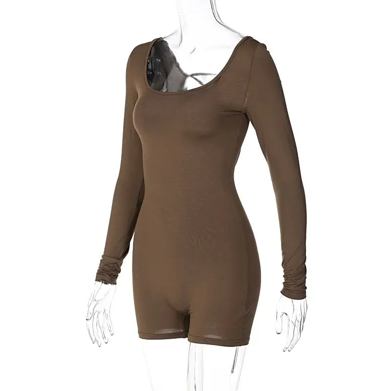 Hugcitar brown long-sleeve playsuit romper, solid color, bodycon fit