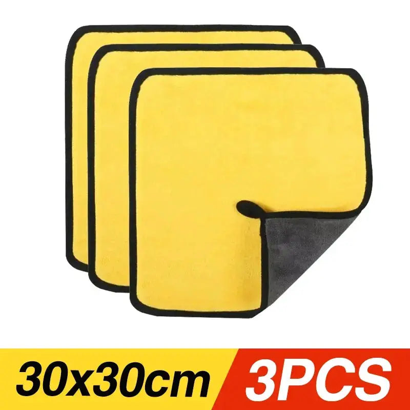 Car wash microfiber towels set, yellow thickened cloths with black edging, 3-pack, 30x30cm