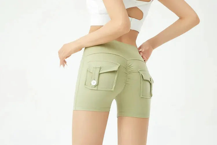 Simples Market olive cargo yoga shorts for women with back flap pockets and stretch fit